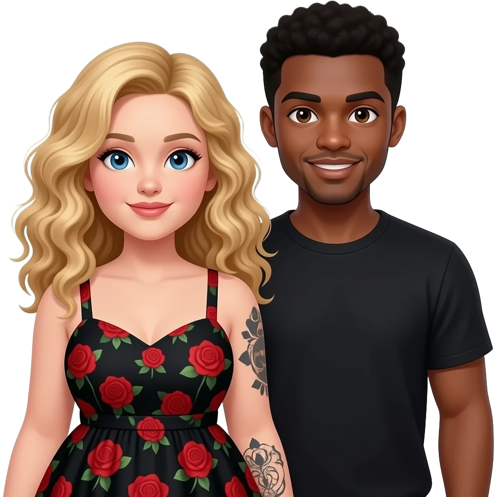 Plus size girl, Blonde curly hair, blue eyes, black tattoos on right lower arm, wearing no sleeve black summer dress with red roses & African American man with black hair, brown eyes, NO facial hair best friends emoji