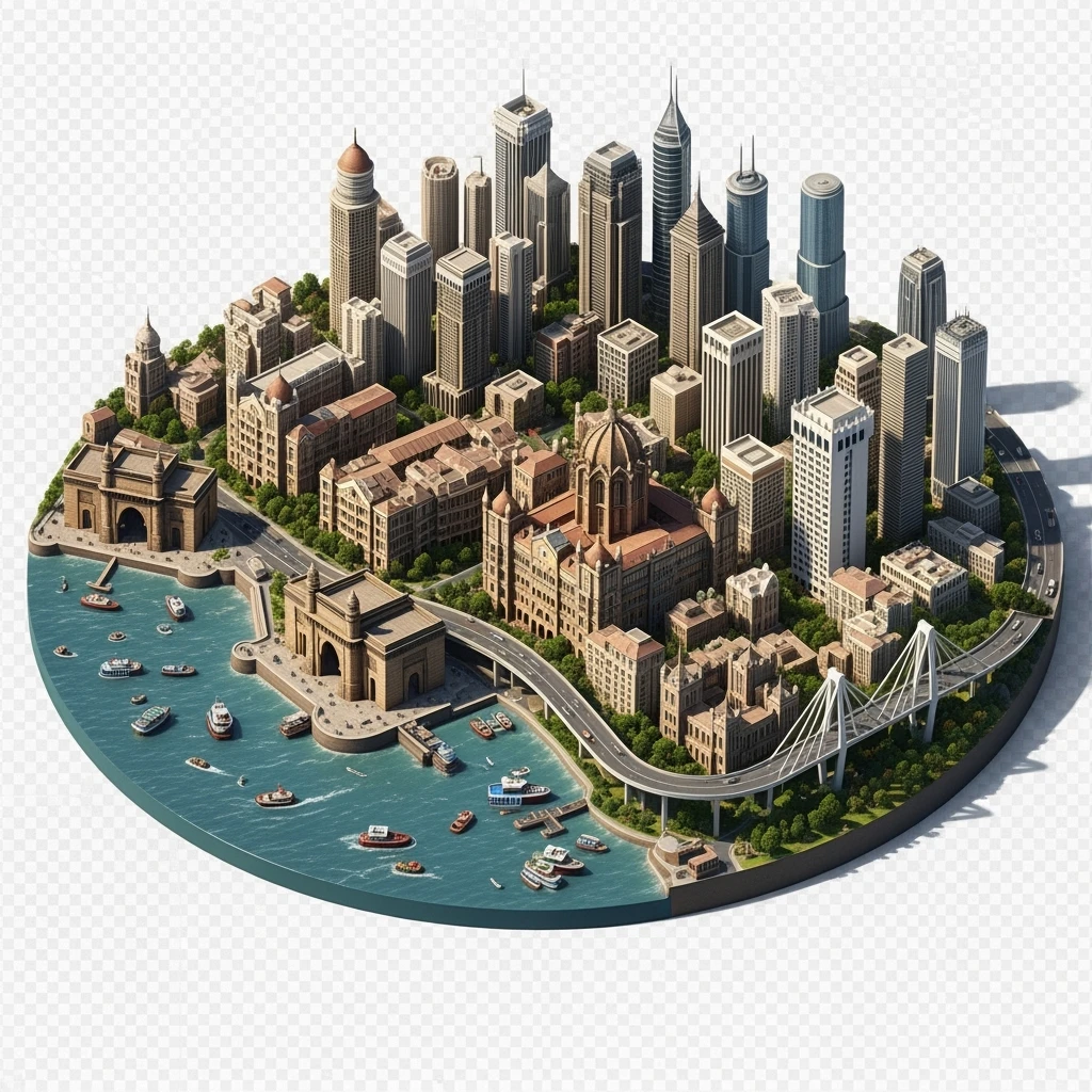 Isometric miniature of Mumbai city, featuring iconic landmarks like Gateway of India, Bandra-Worli Sea Link, Chhatrapati Shivaji Terminus,  clustered high-rises and skyscrapers, 3D miniature effect and Tilt Shift effect, no cartoonish look, transparent background.

 clustered high-rises emoji