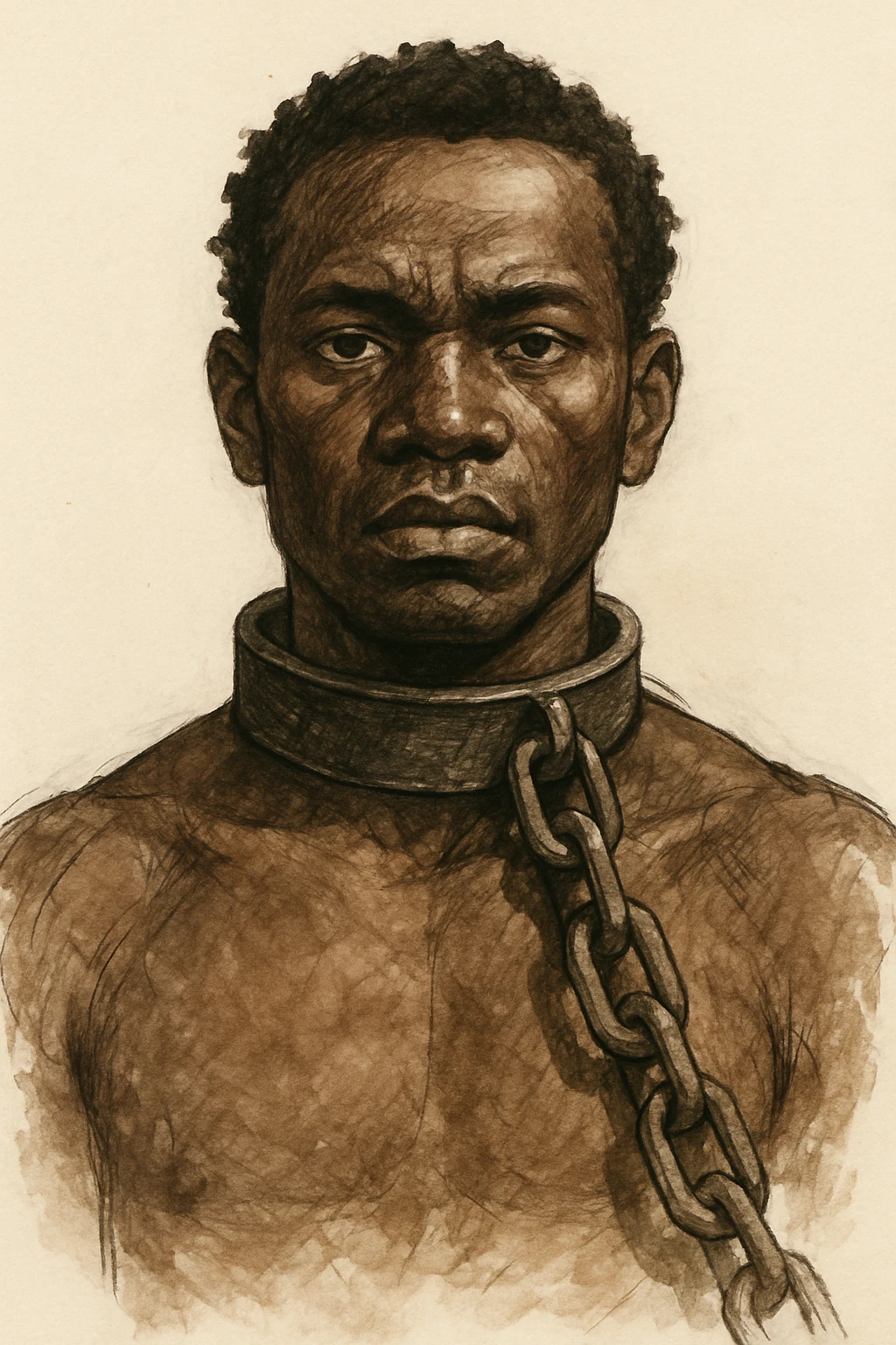 Сгенерируй мне в чуть рисованном стиле африканского раба, и на шее у него оковы с цепью, он смотрит четко прямо без эмоций. На белом фоне emoji