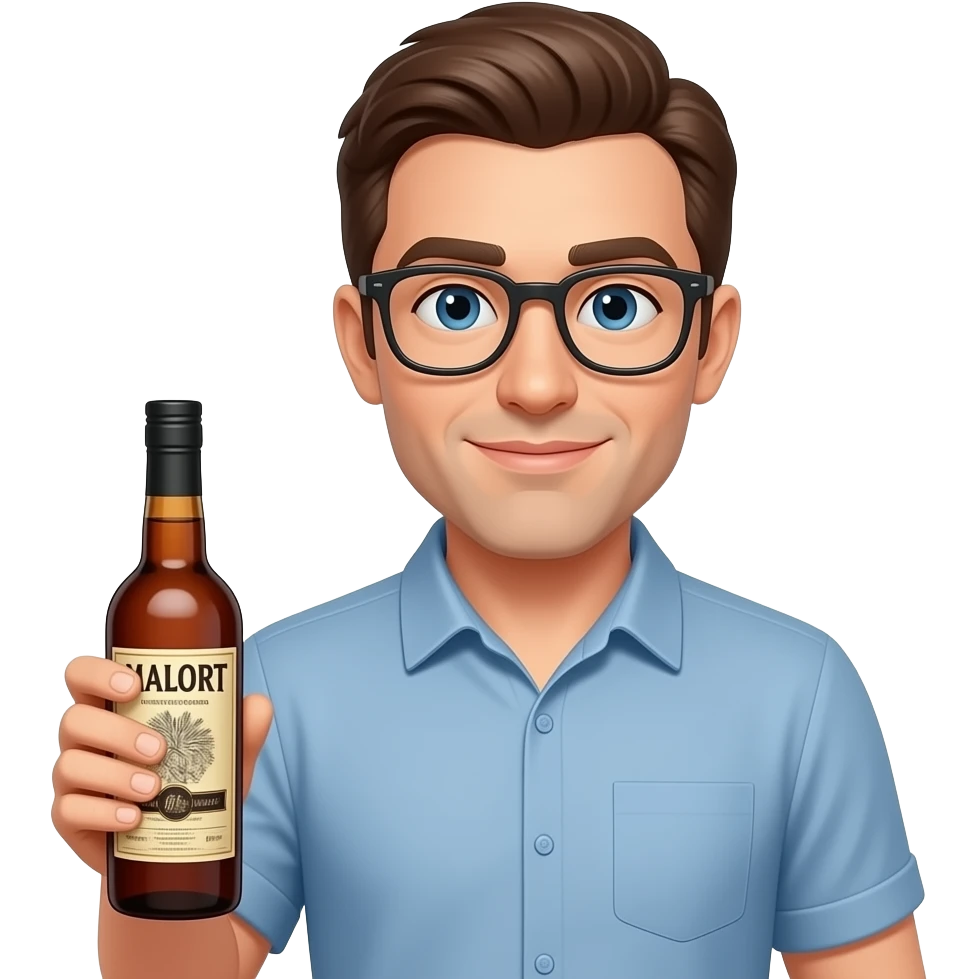 brown haired guy with glasses holding Malort bottle emoji