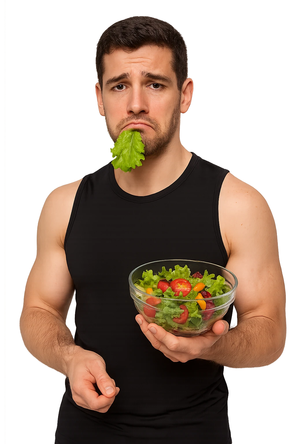 uomo fitness cON INSALATA IN MANO E FOGLIA DI INSALATA IN BOCCA, ESPRESSIONE TRISTE emoji
