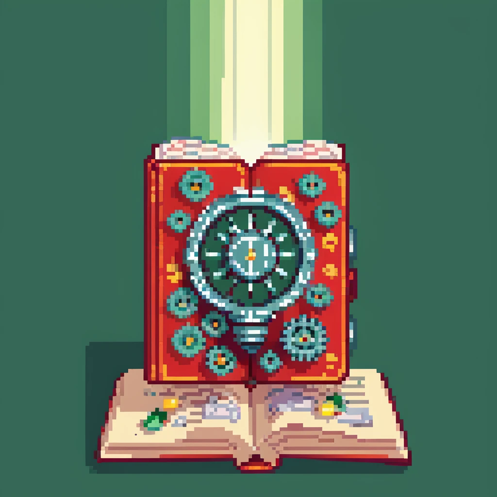 a red book opened with ideas represented by lightbulbs and gears, and money represented by coins and bills coming out, under a spotlight emoji