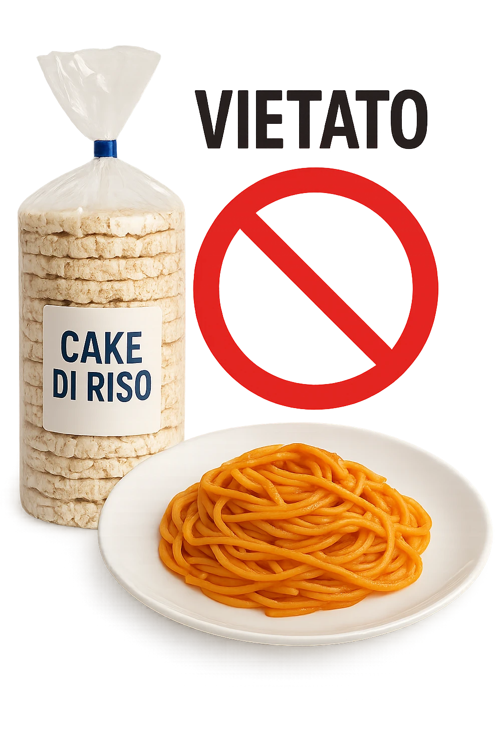 confezione di gallette di riso con accanto un piatto di pasta con divieto sopra, in italiano,  realistici emoji