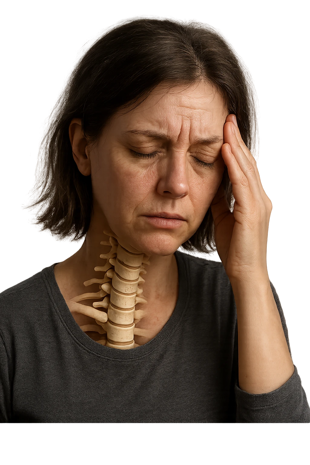 donna stanca che si tiene una mano sulla tempia con spina dorsale anatomica visibile, iperrealistico 4k emoji