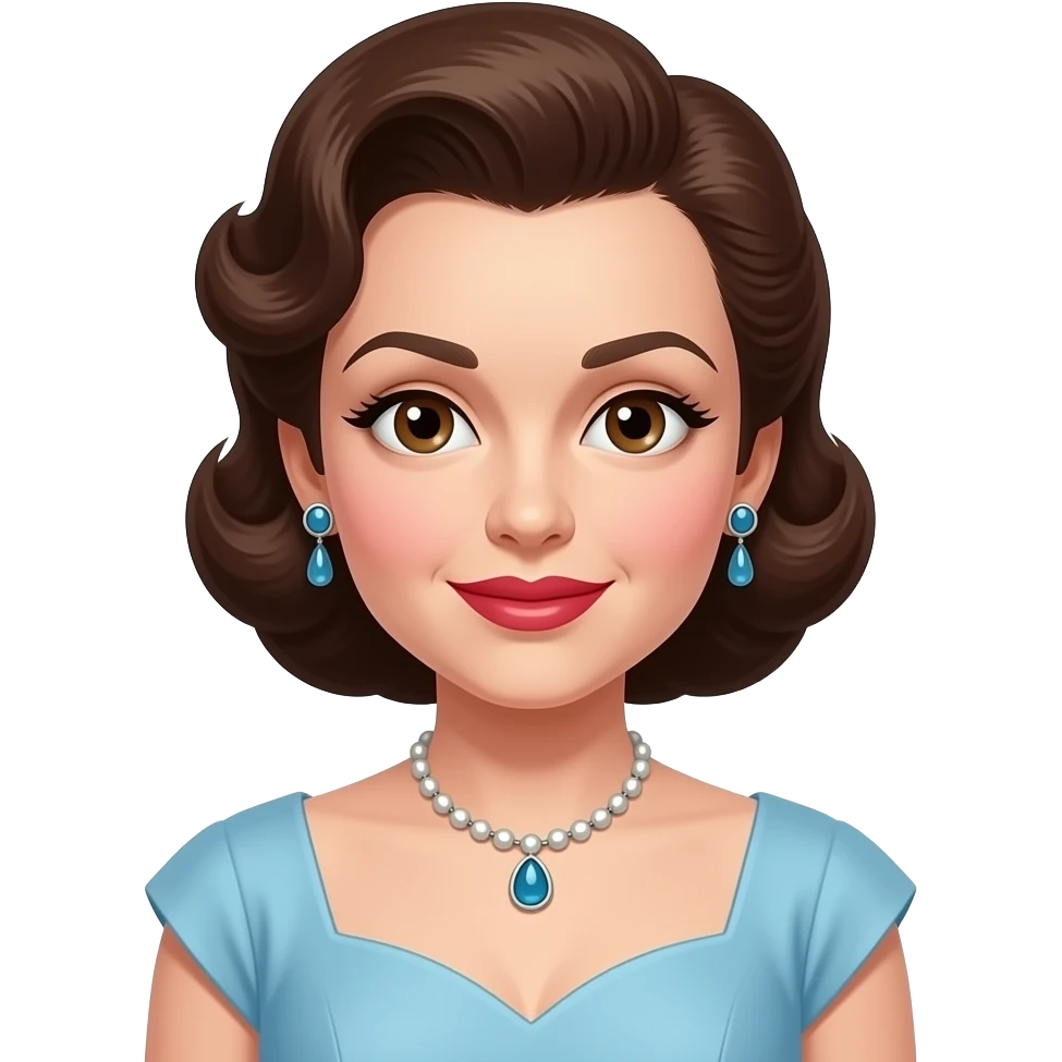 Judy Garland with brown eyes, dark brown 40s hair, light blue hollywood dress, necklace and earrings emoji