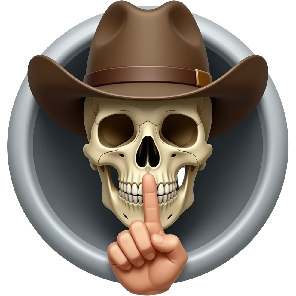 Cowboy skull wearing a hat, centered, medium close-up, hand fully visible inside the frame, index finger to lips doing a "shh" gesture, no parts cut off, cinematic lighting, dark background, high detail, symmetrical composition emoji