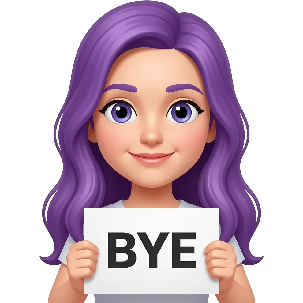 girl with long purple hair with a  BYE sign emoji