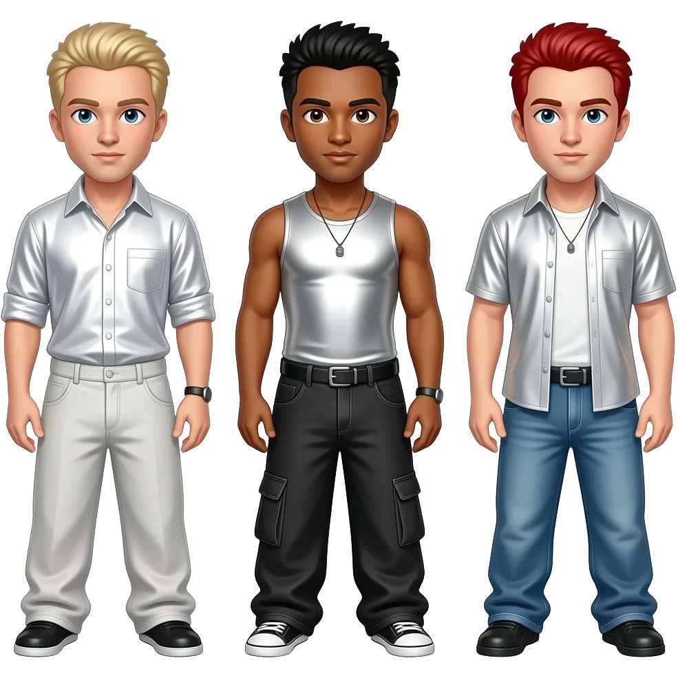 Backstreet Boys with Nick with blue eyes, blonde hair, white metallic shirt and baggy pants, AJ with brown eyes, black hair, white metallic sleeveless shirt and baggy pants, Brian with blue eyes, red hair, white metallic shirt and baggy pants emoji