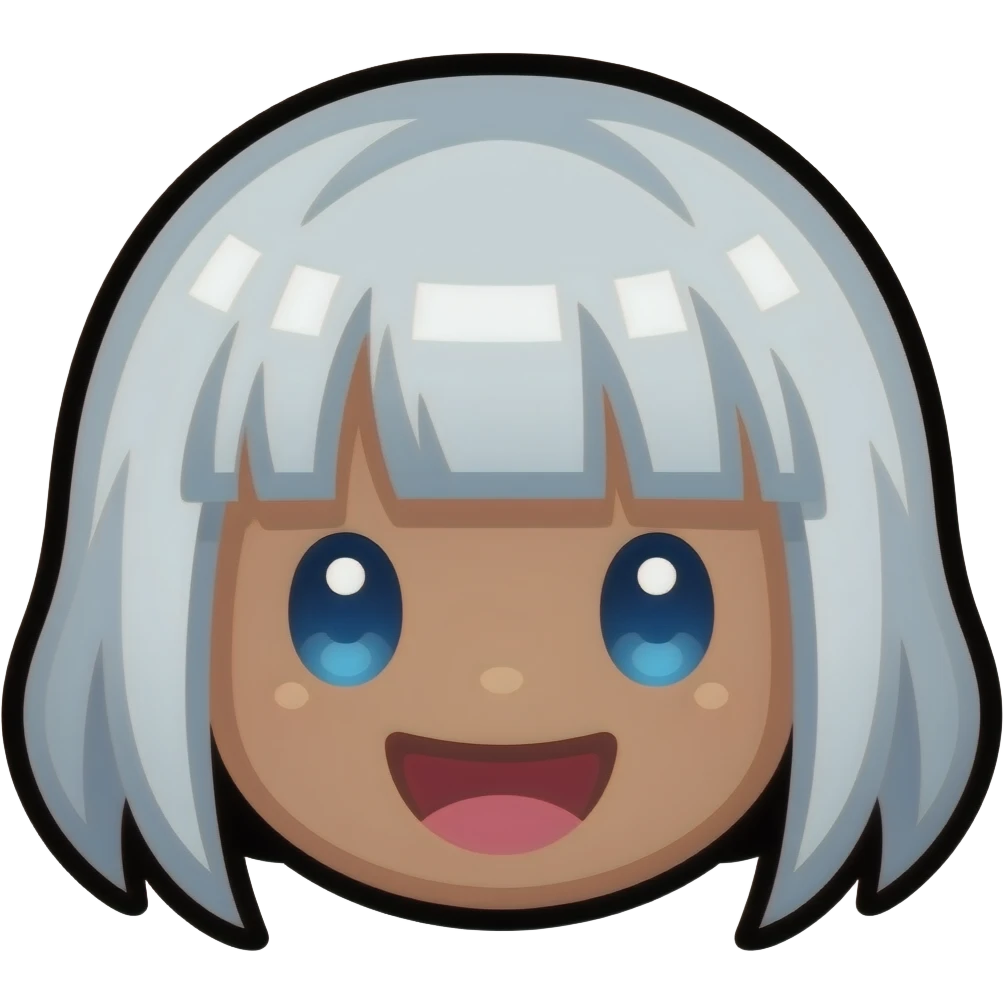 8-bit Chibi square pixelated head icon of a girl laughing white white short hair blue eyes pixel eyes and brown skin emoji