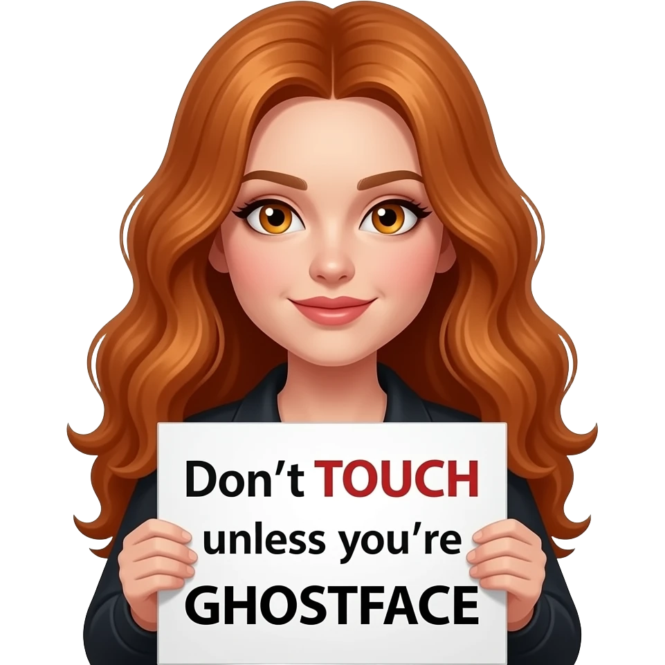 sexy girl with long wavy ginger hair and ginger eyes is holding a Don't TOUCH unless you're GHOSTFACE sign emoji