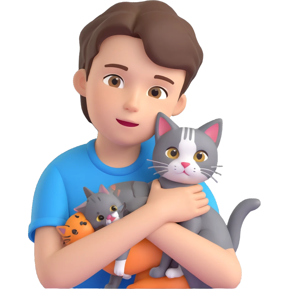 boy and cat pet in forrest background, close up pose emoji