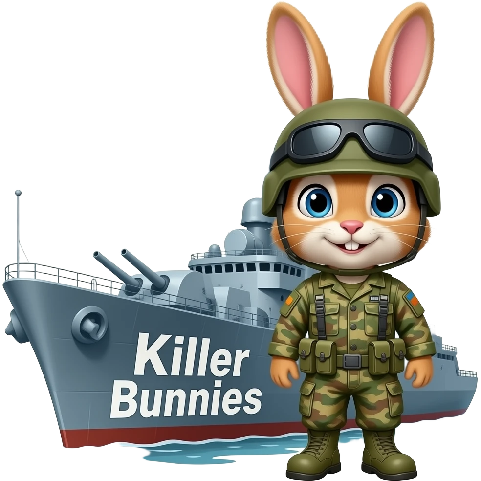 bunny in army fatigues in a war ship text Killer Bunnies on bow emoji
