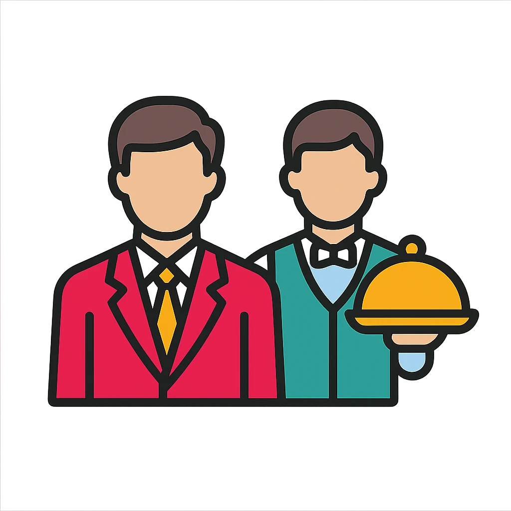 A businessman in a crimson suit with a waiter emoji