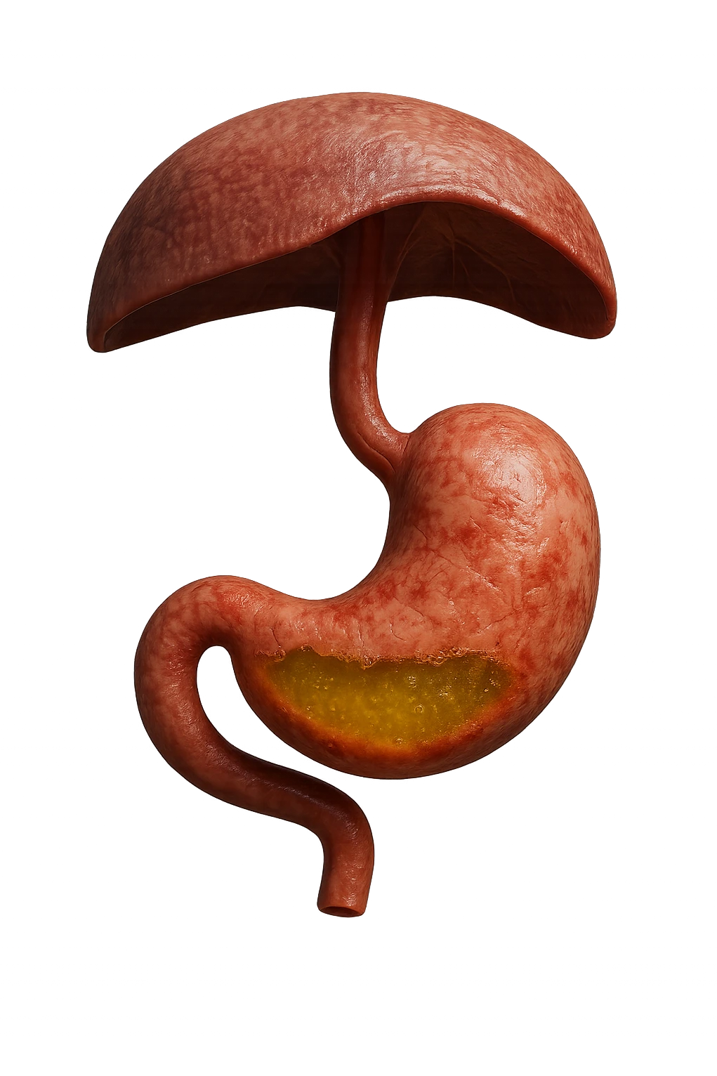 stomaco umano anatomico infiammato con acido giallo all'interno fluttua in aria insieme ad un diaframma umano, iperrealistico 4k, isolato su sfondo bianco emoji