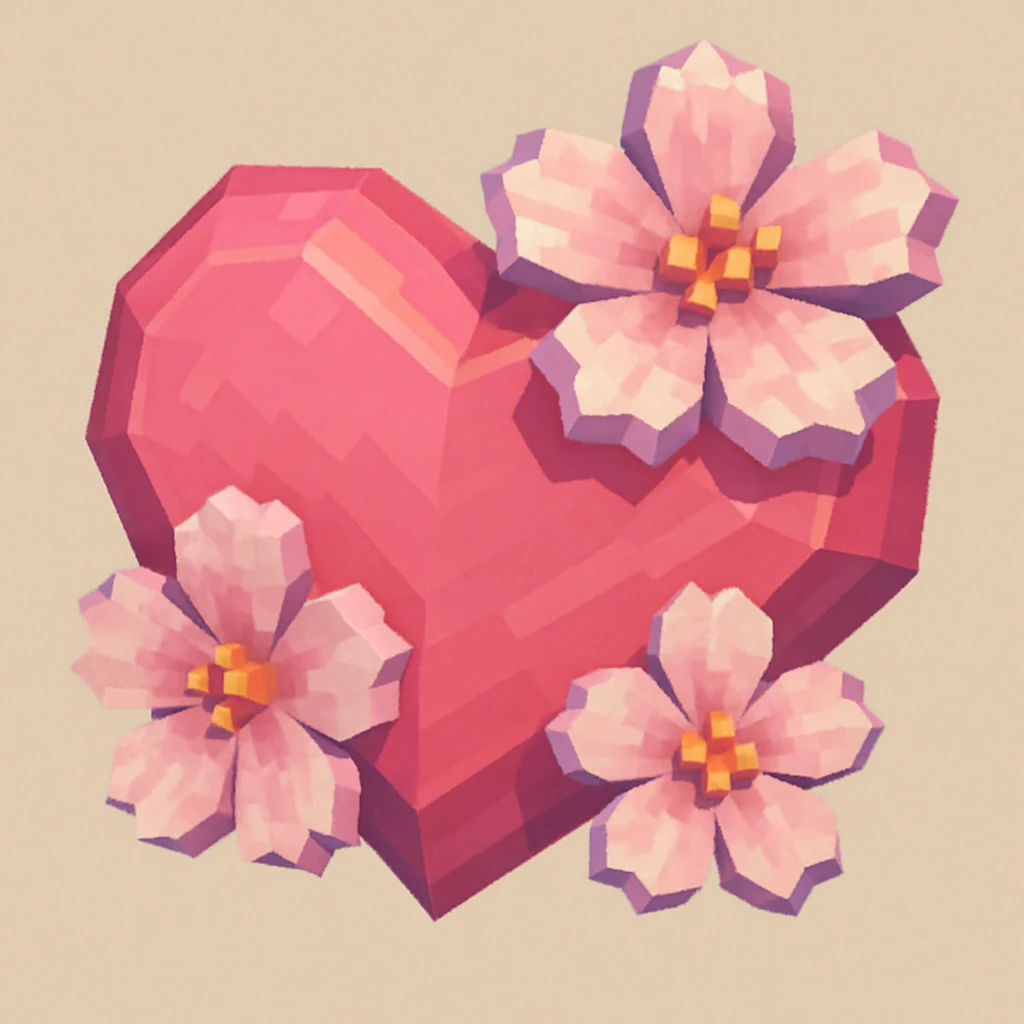 pink heart with sakura flowers, low poly 3D style emoji