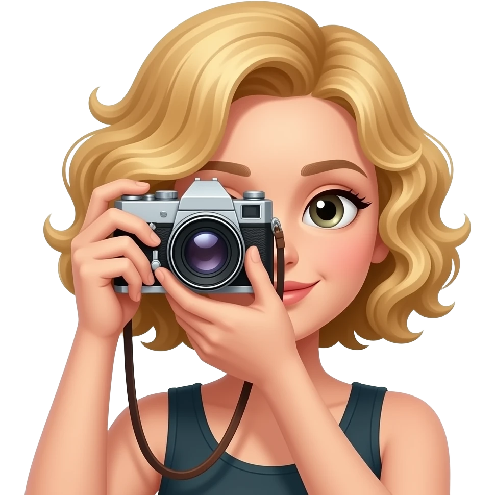 blonde tight curly hair in a short bob taking a photo with antique camera emoji