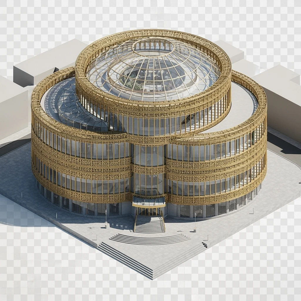 Isometric illustration photorealistic the Library of Birmingham, balanced between stylized and realistic, 3D miniature effect, transparent background. emoji