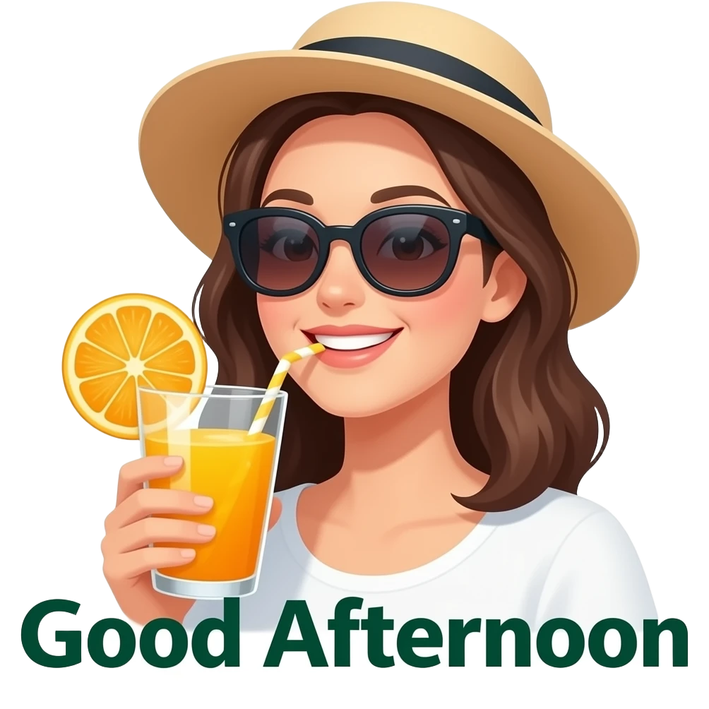 a woman in wearing sunglasses and a sun hat lifting a glass of orange juice with a slice of orange on the rim close to the camera with the words 'Good Afternoon' in dark green printed across the screen emoji
