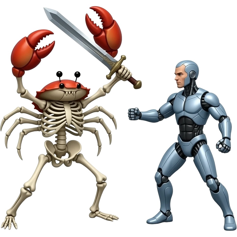 Crab made out of bones with a sword fighting a man that is ai emoji