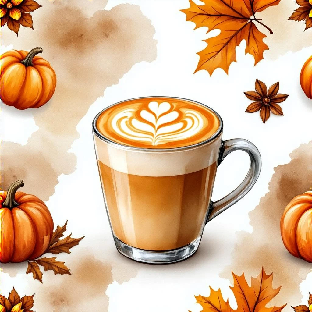 coffee latte art seamless background, pumpkin spice latte, creamy brown and orange tones, cozy autumn café vibe, watercolor effect emoji
