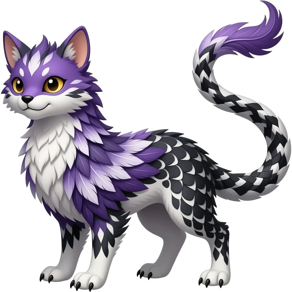 Ikat-patterned feathery elegant realistic Furry, feathery fluffy tropical flecked painted feathery scaly, Purple, white, black, Minccino-Bambino-Lykoi-Linoone-Zangoose-fusion-hybrid-animal-Fakémon-creature, full body, thin long sleek scaly tail, intricate markings emoji