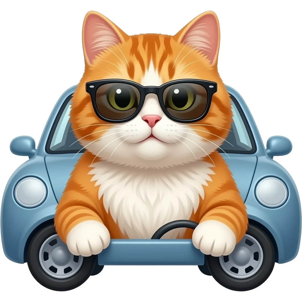 a orange and white fluffy cat with sunglasses in a car emoji