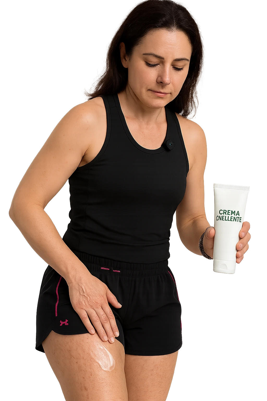 Donna con cellulite sulle cosce che usa una crema chiamata "Crema snellente" senza mano in alto emoji