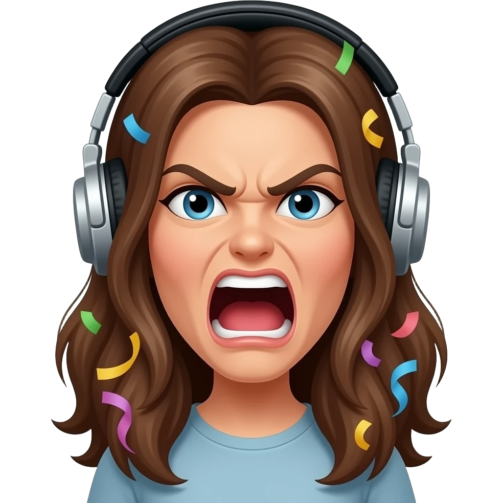 орет и бесится стример с длинными коричневыми волосами наушниками emoji