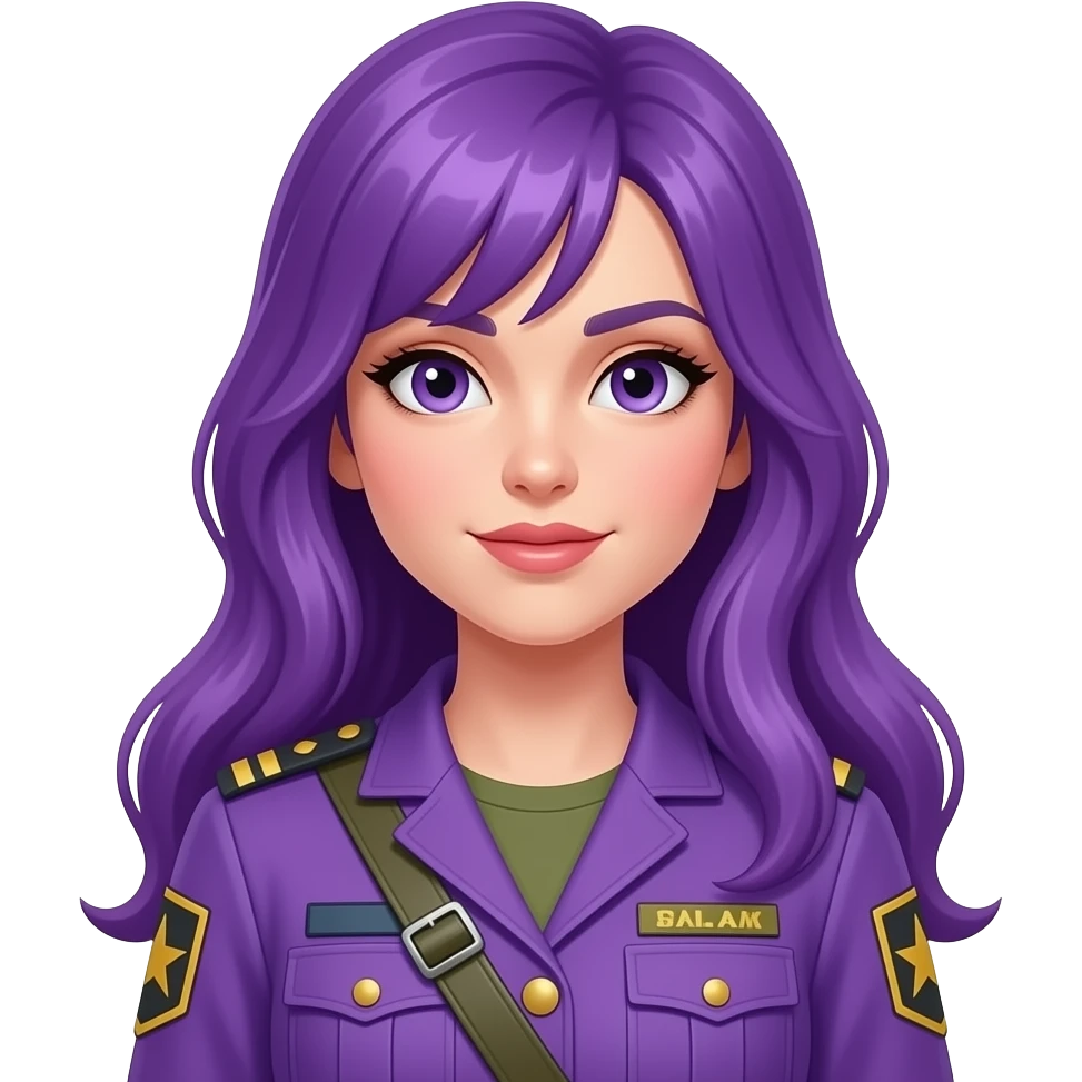 sexy girl with long purple hair wears a purple army clothes emoji
