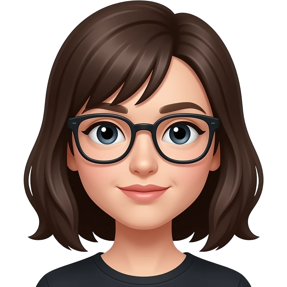 Girl with shoulder length hair curtain bangs which are side swept black hexagon glasses and mole right above the lip and below the eye emoji