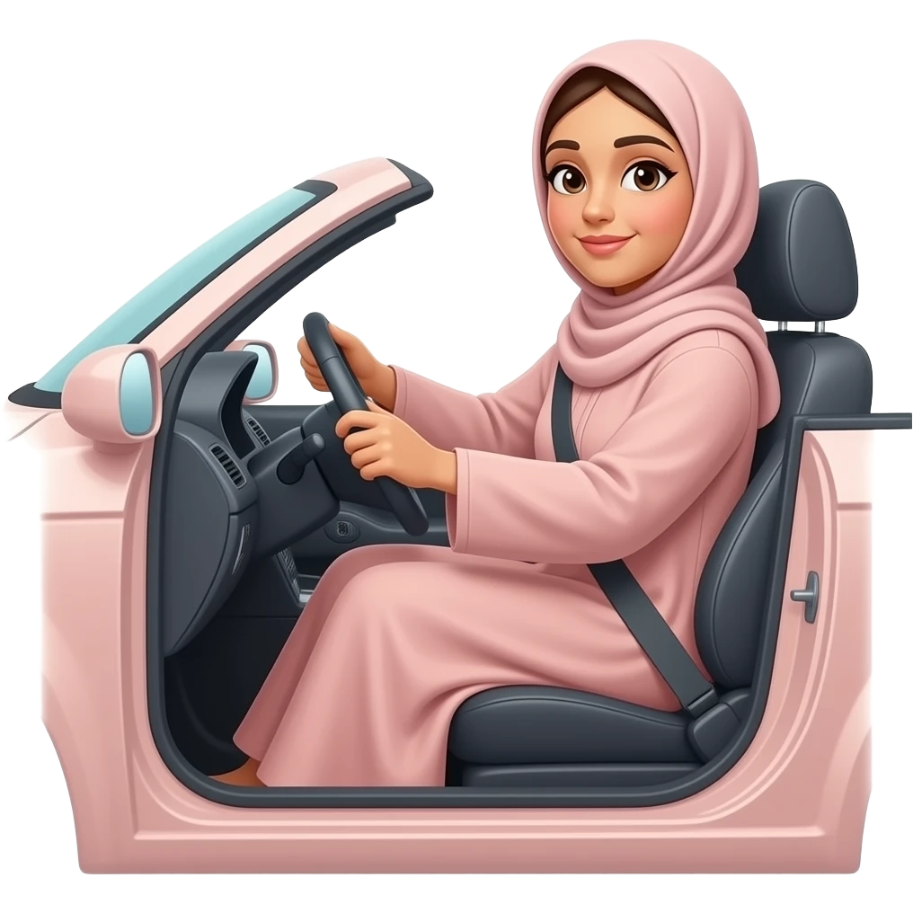 Muslim woman in soft-colored abaya and hijab driving a car, looking relaxed. Full body, cartoon sticker style. emoji