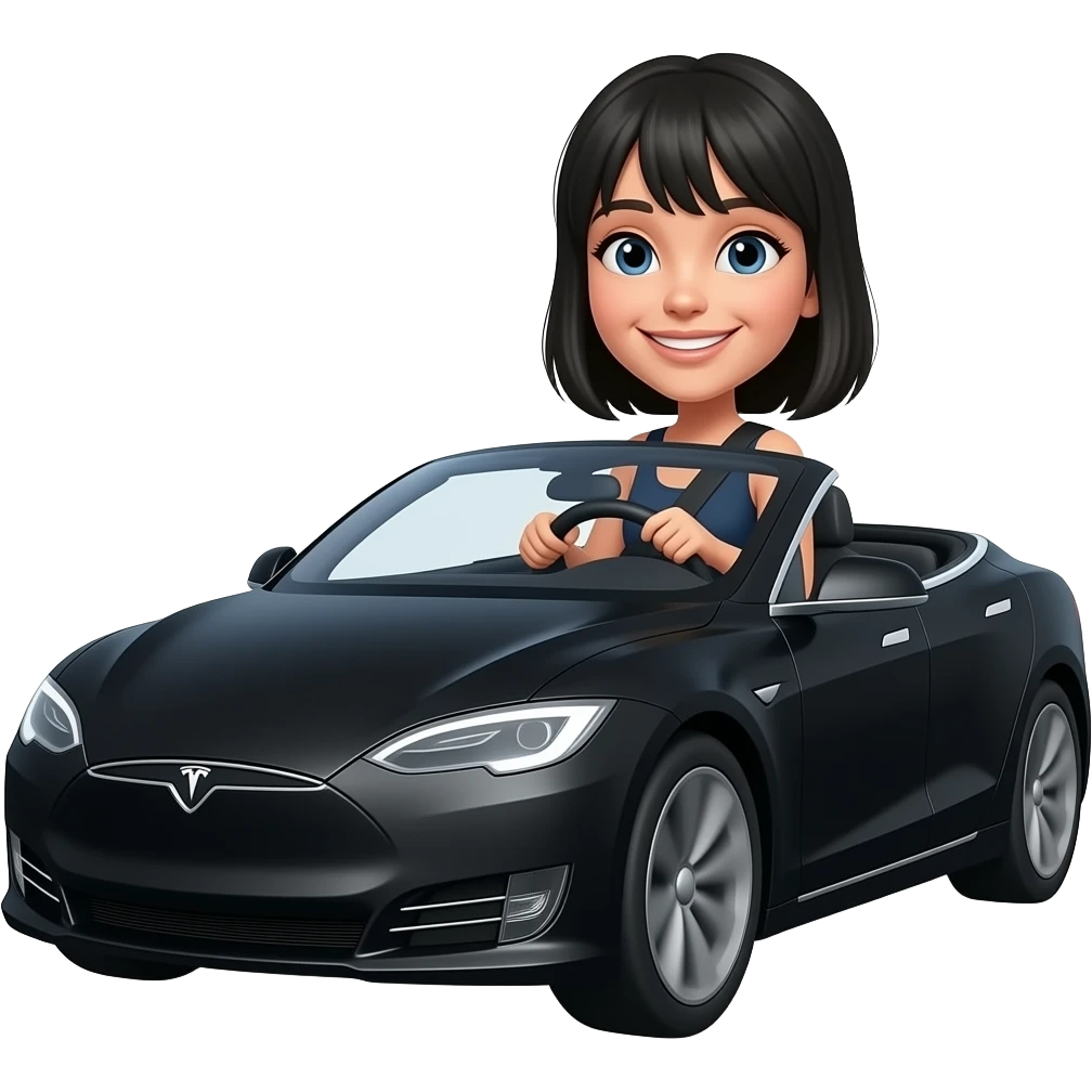 ligh skin tone smiling girl with black hair driving black tesla fast emoji