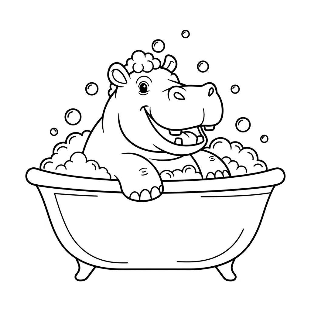 vector art with outline of happy hippo with bubbles in bathtub emoji