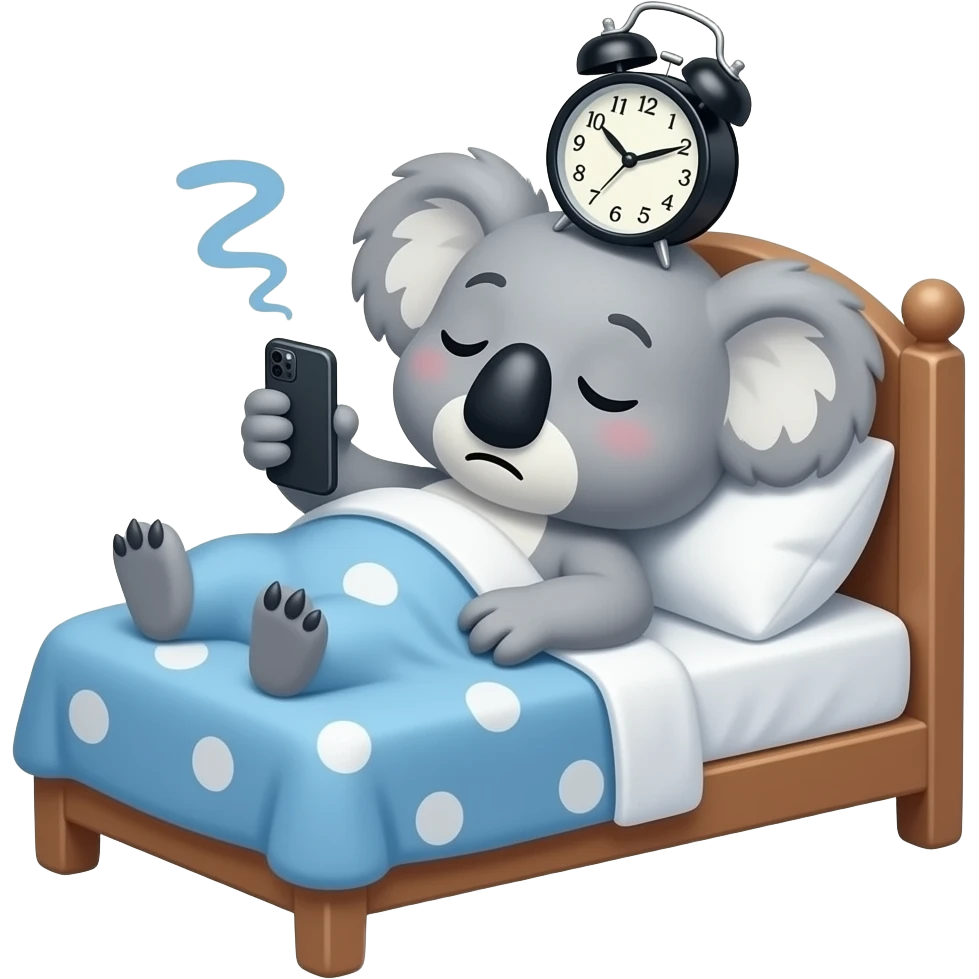 alarm snooze with a modern alarm and a phone in hand, its a koala in bed holding the phone and alarm on top his head emoji