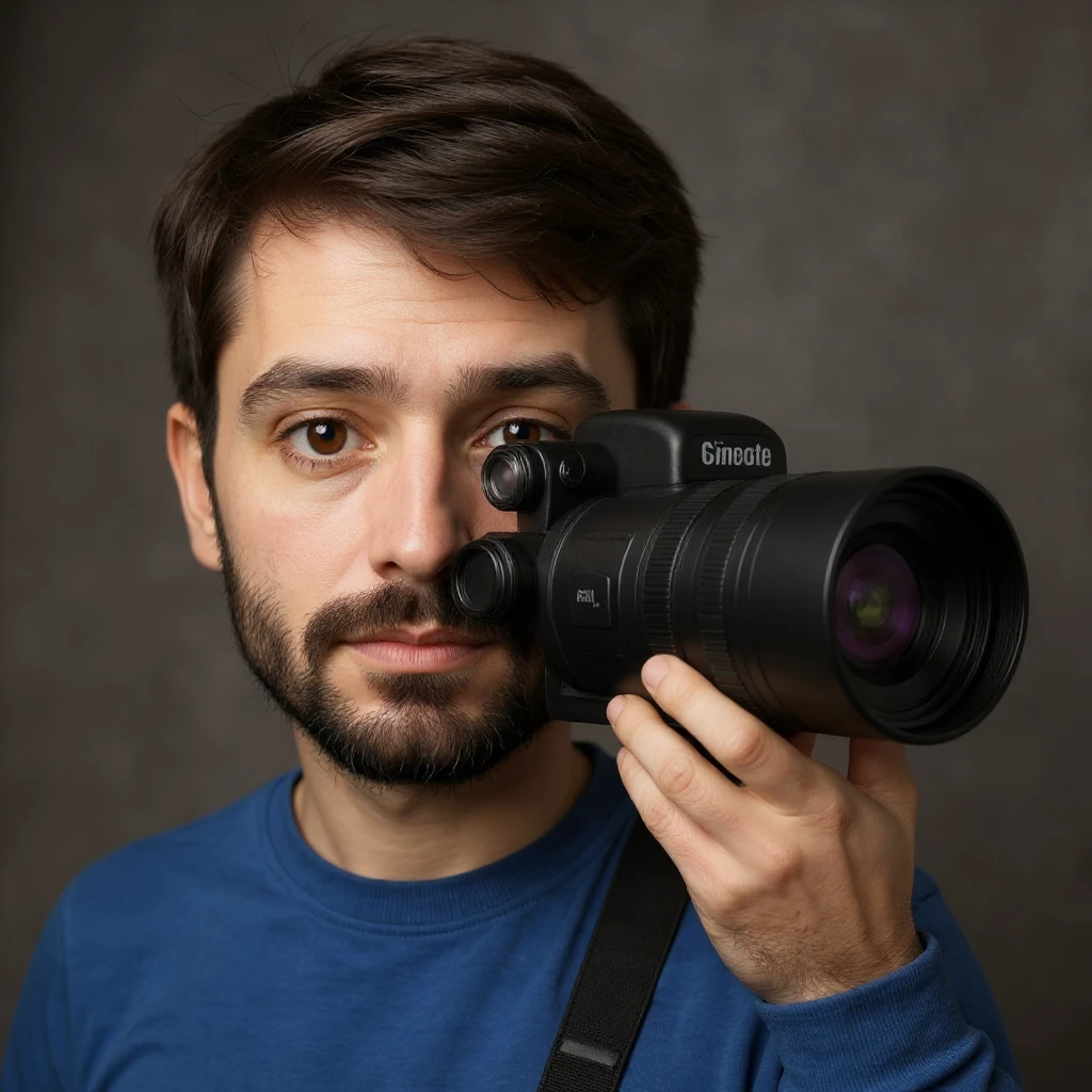 Make the photographer have dark hair and a medium size beard, keep the telezoom lens, and no background. emoji
