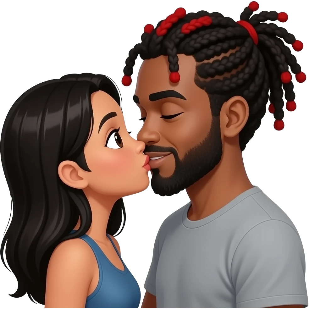 latina tan black hair girl kissing dark skin dreadhead with red on top and black on the bottom of the dreads brownskin guy emoji