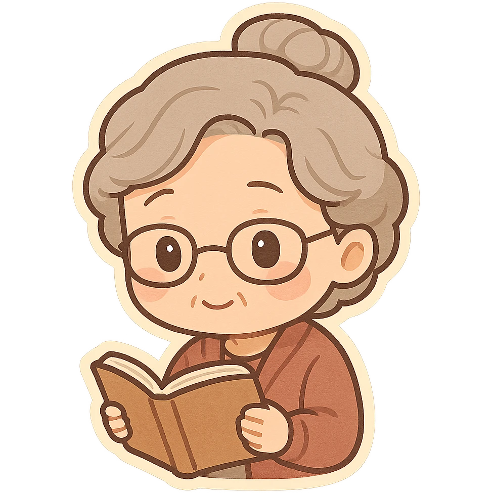 older woman wearing glasses, reading a book, gentle look emoji