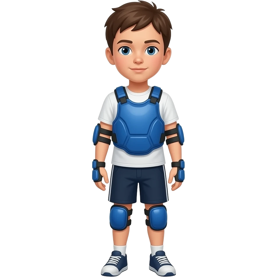 Child standing upright, blue protective pads with identical placement, neutral face, clean sporty silhouette.
 emoji