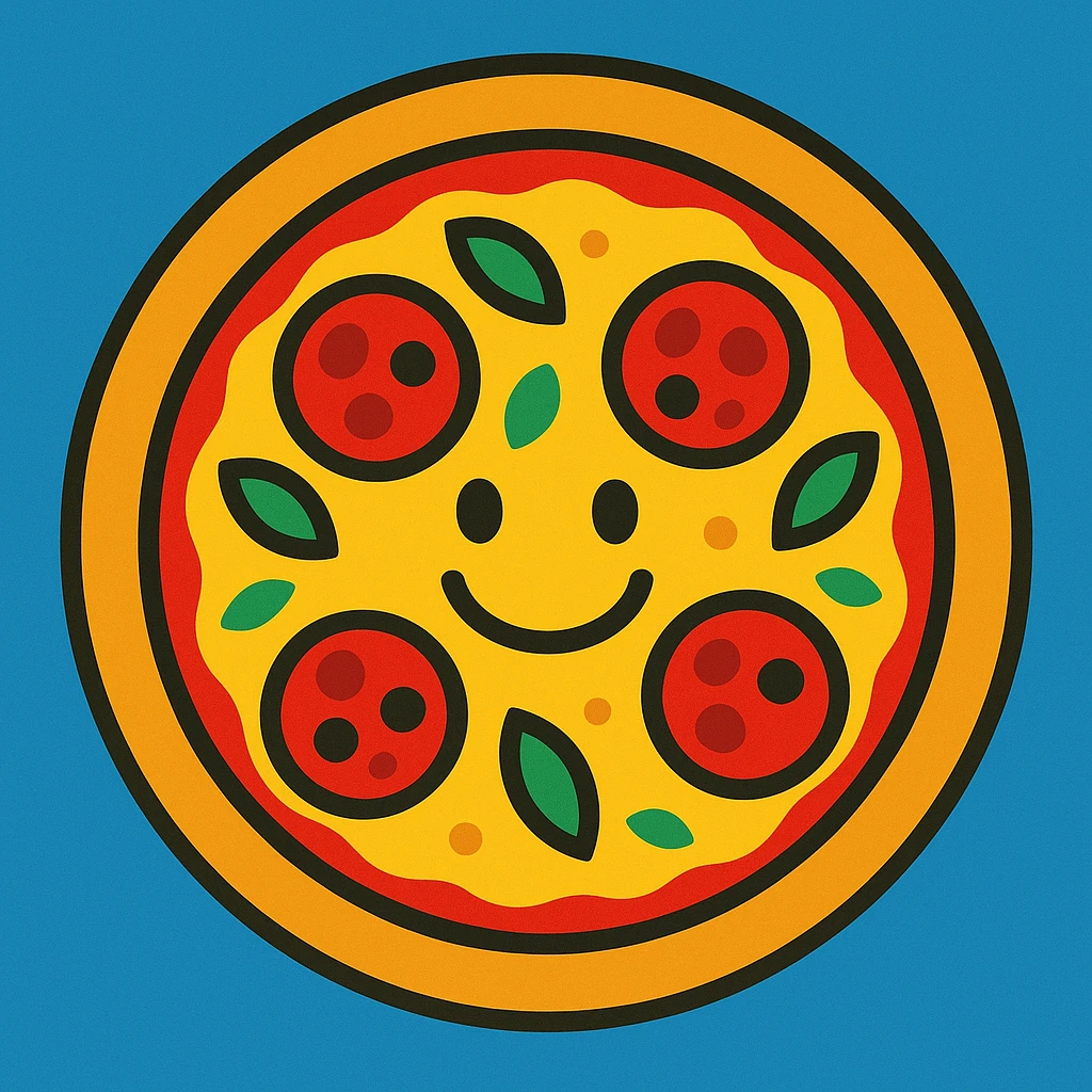 cartoon style margarita pizza with smiling face made from toppings emoji