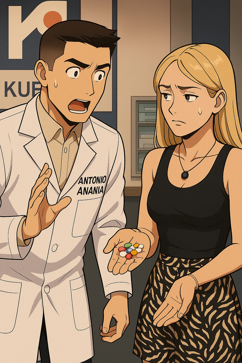 fai un webtoon/manga a colori con questo kinesiologo in camice bianco (fagli la scritta "ANTONIO ANANIA" SUL CAMICE) CHE PARLA CON QUESTA RAGAZZA. LA RAGAZZA HA UN PUGNO DI INTEGRATORI IN MANO (TANTE PILLOLE DIVERSE) E LE GUARDA DUBBIOSA. IL KINESIOLOGO CON IL CAMICE BIANCO LE DOMANDA UNA COSA SCIOCCATO. NON FARE I FUMETTI, FAI SOLO LORO COME SE DIALOGASSERO emoji