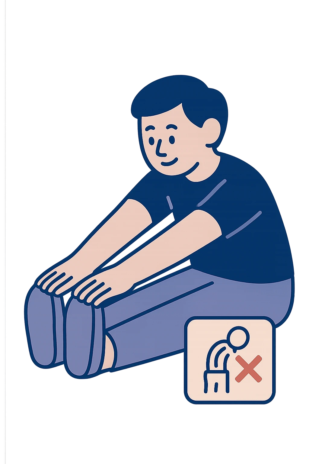 vertical illustration of a person doing classic passive stretching seated touching toes, with a visual warning sign indicating not suitable for postural asymmetry, clear educational style, no background emoji
