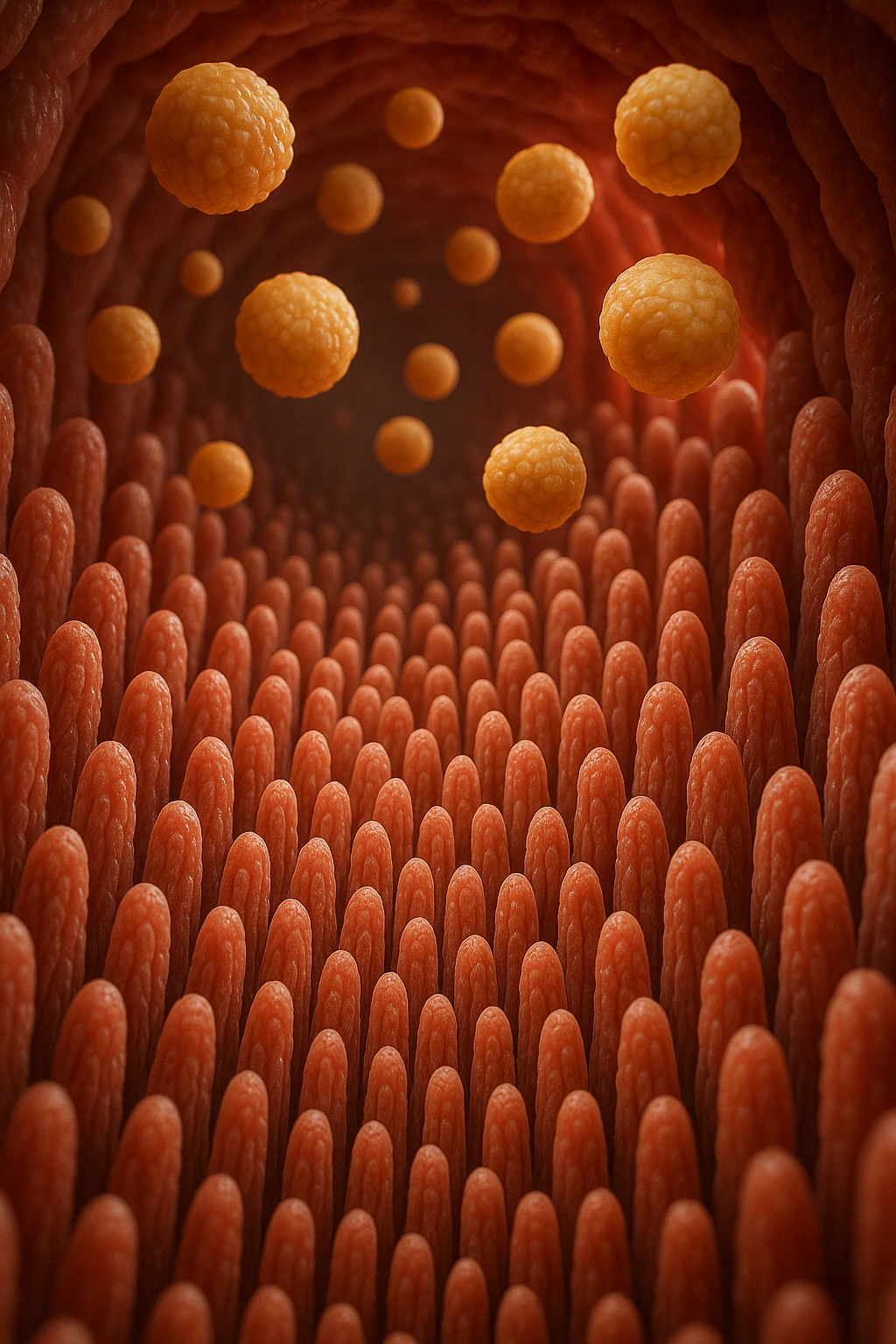 VILLI INTESTINALI CON CELLULE DI GRASSO CHE CI FLUTTUANO SOPRA, INTERNO REALISTICO DI UN INTESTINO, IPERREALISTICO 4K emoji
