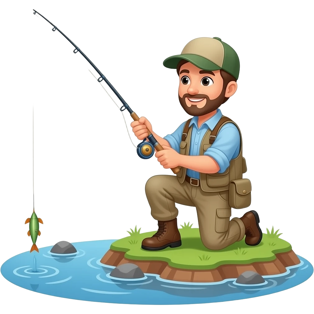 a guy fly fishing on his knees on an island into a river with a fly fishing rod emoji