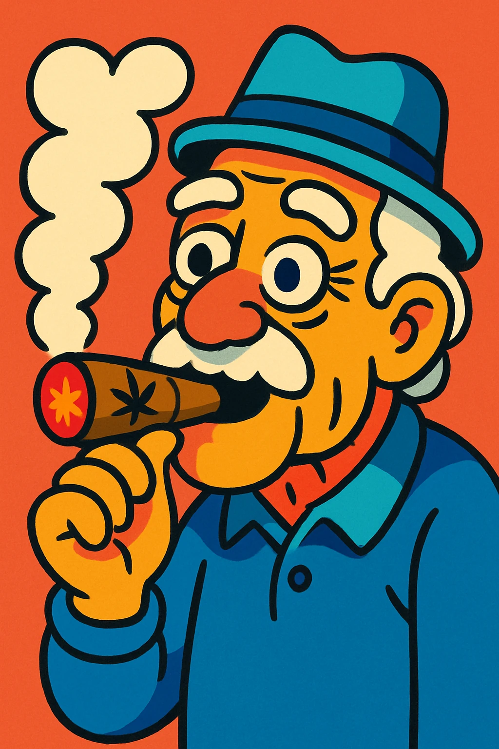 an old man smoking a weed cigar, vibrant cartoon style emoji