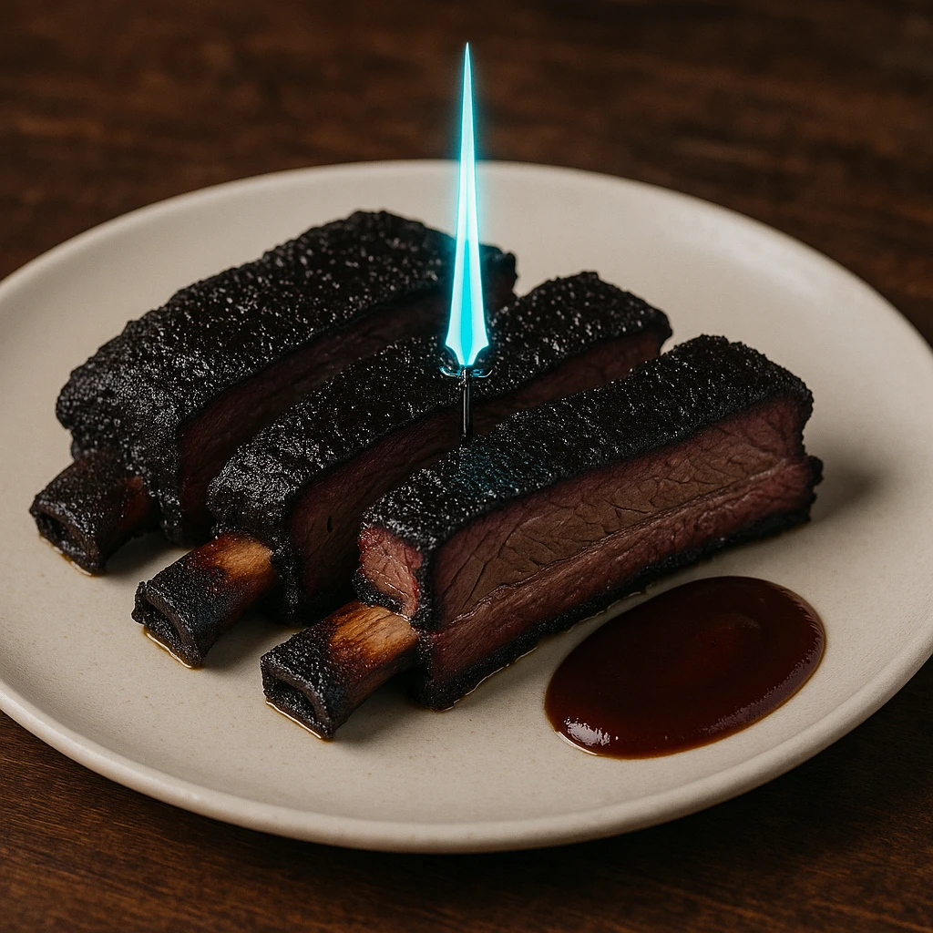 a delicious plate of smoked ribs, the color of the meat is succulent dark blackish purple, the 5 Michelin star dish is plated with a tiny energy sword piercing the center emoji