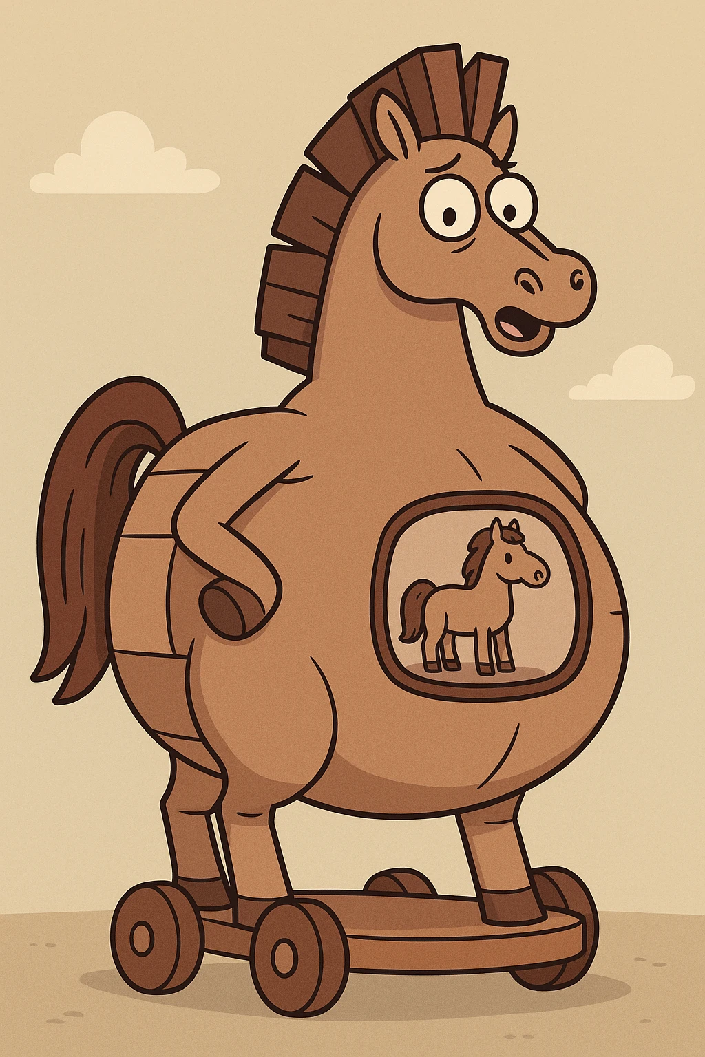 humorous cartoon of a pregnant trojan horse with a round belly and a small window showing a mini horse inside the belly, clear and funny emoji
