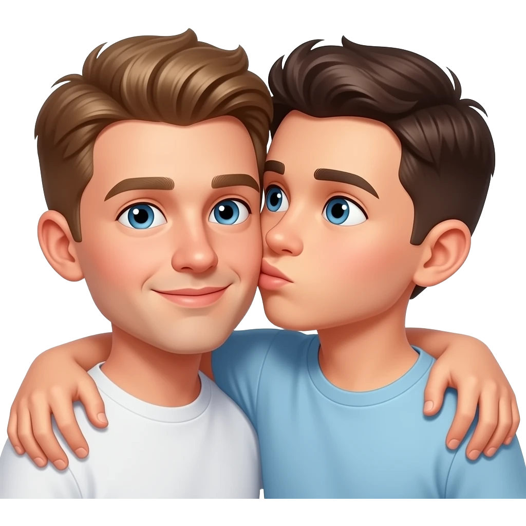 Erstelle ein Emoji von zwei Brüder, der eine um die 19 und der andere um die 25, der älter Bruder legt sein Arm über sein jüngeren Bruder und küsst ihn auf die Wange. Beide haben blaue Augen emoji