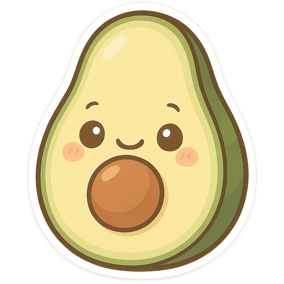 chibi sticker-style avocado with a smiling face, cute and exaggerated emoji
