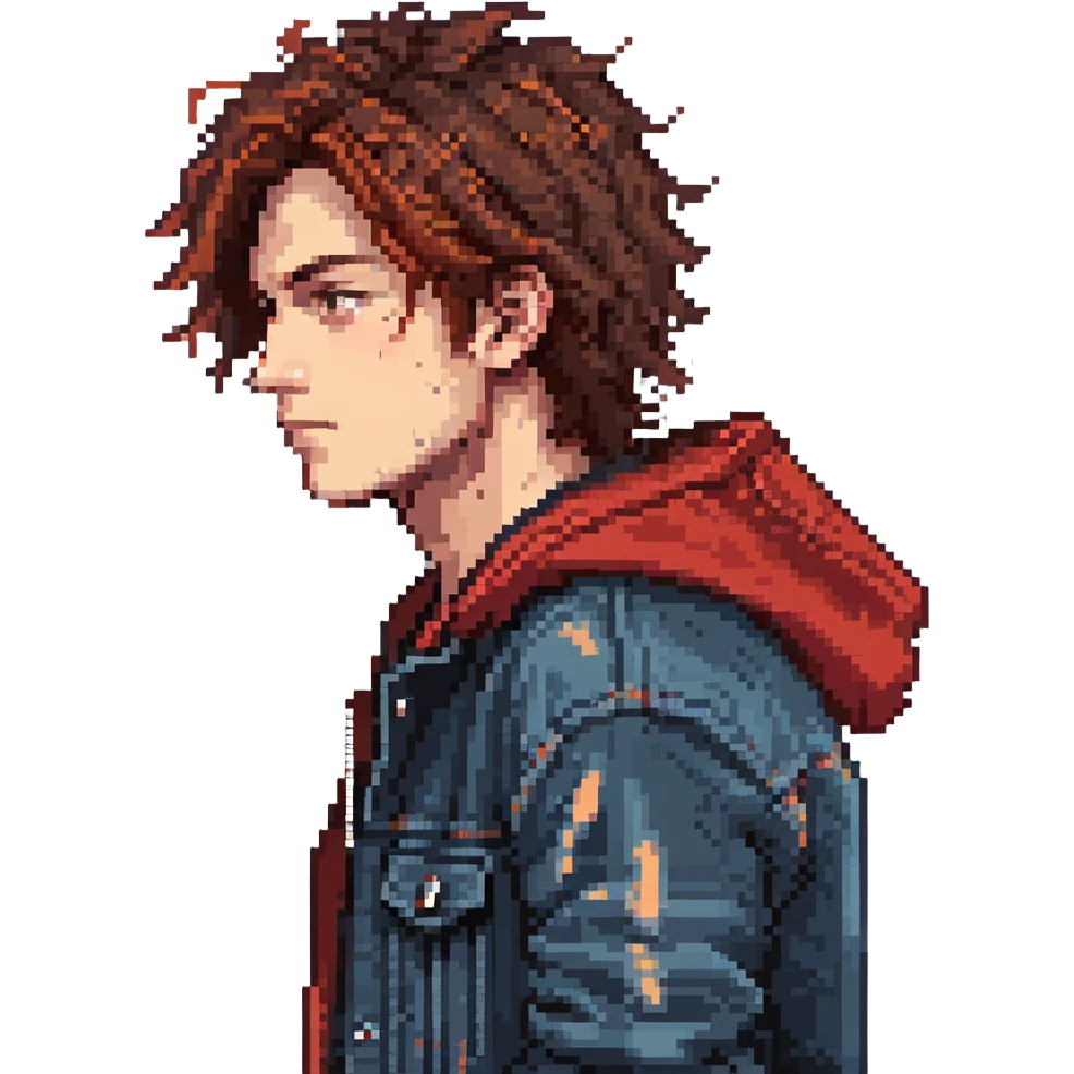 Pixel art character, young man with dark jacket, red hoodie, brown messy hair, jeans, scar on left eyebrow, confident face, retro arcade sprite style, side view emoji