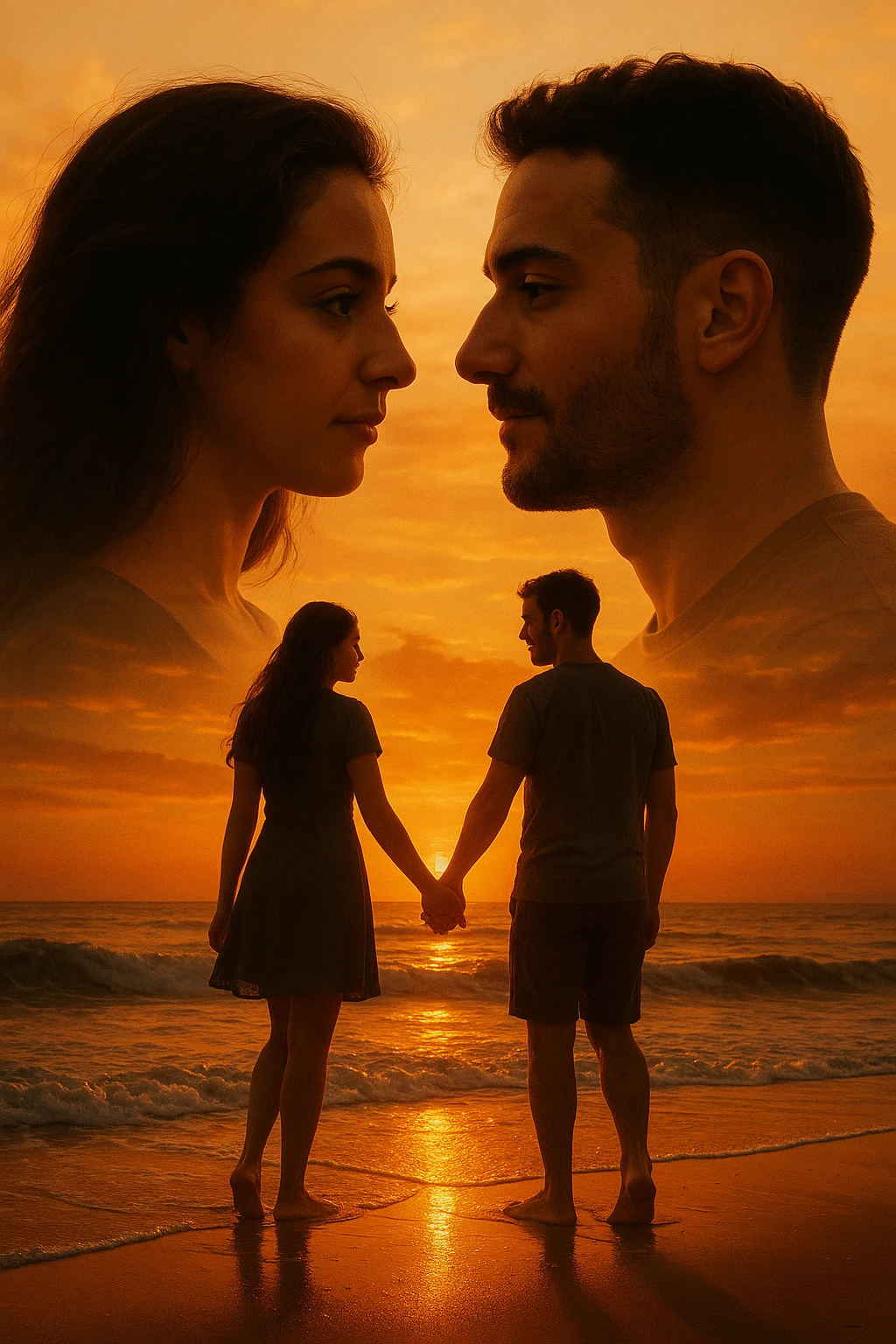 Una doppia esposizione cinematografica di noi di profilo, con un paesaggio di spiaggia al tramonto integrato nella silhouette.
La scena interna ci mostra entrambi camminare sulla sabbia bagnata, tenendoci per mano, con le onde del mare che si infrangono è facile e un cielo colorato dagli ultimi raggi di sole. Atmosfera calda e intima, toni dorati arancioni, dettagli fini ed espressivi, risoluzione 8K. emoji